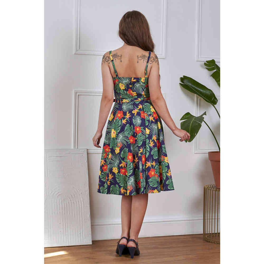 Banned - Morena Tropical Summer Swing Flare dress - Dark blue